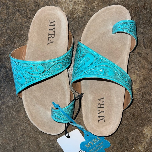 Myra Bag Shoes - ✨ BRAND NEW WITH TAG!✨Myra Turquoise Embossed Slide Sandals with Suede Footbed